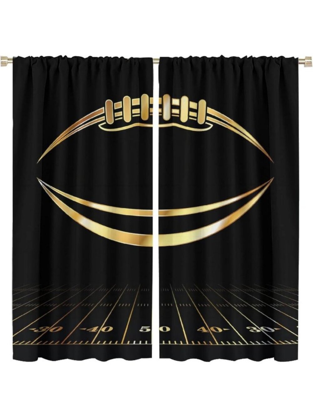 Blackout Football Window Curtains for Kids - Black & Gold Drapes, 2 Panels 42x84